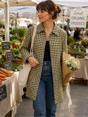 Mario Serrani Mod Geometric Tapestry Swing Coat Olive Green Size 10